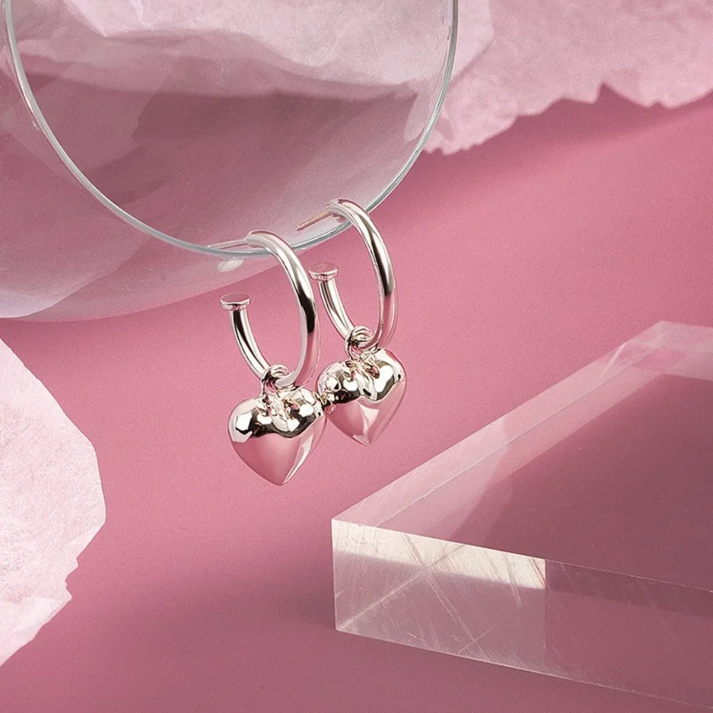 #NEW 925 Sterling Silver Heart Drop Round Hoop Earrings